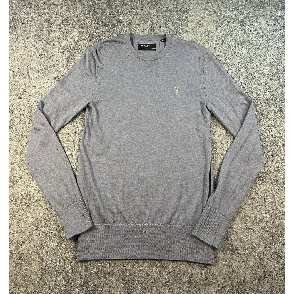 AllSaints Merino Wool Sweater Mens Small Gray Crewneck Skull Logo Jumper Preppy